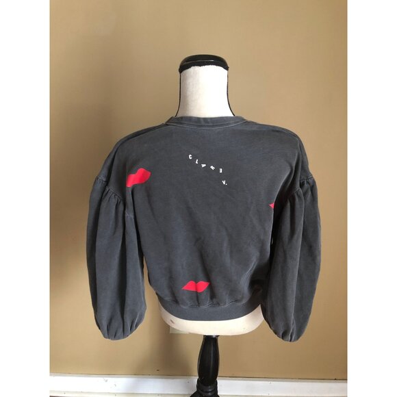 Clare V poppy red washed black puff sleeve lips sweatshirt - Picture 4 of 6